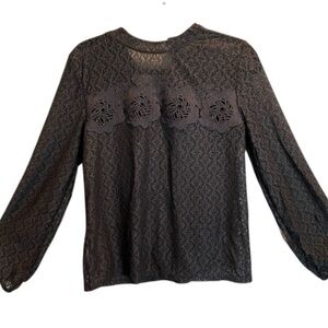 Ann Taylor LOFT Blouse Size L Dark Gray Sheer Lace Cottagecore Peasant Crochet